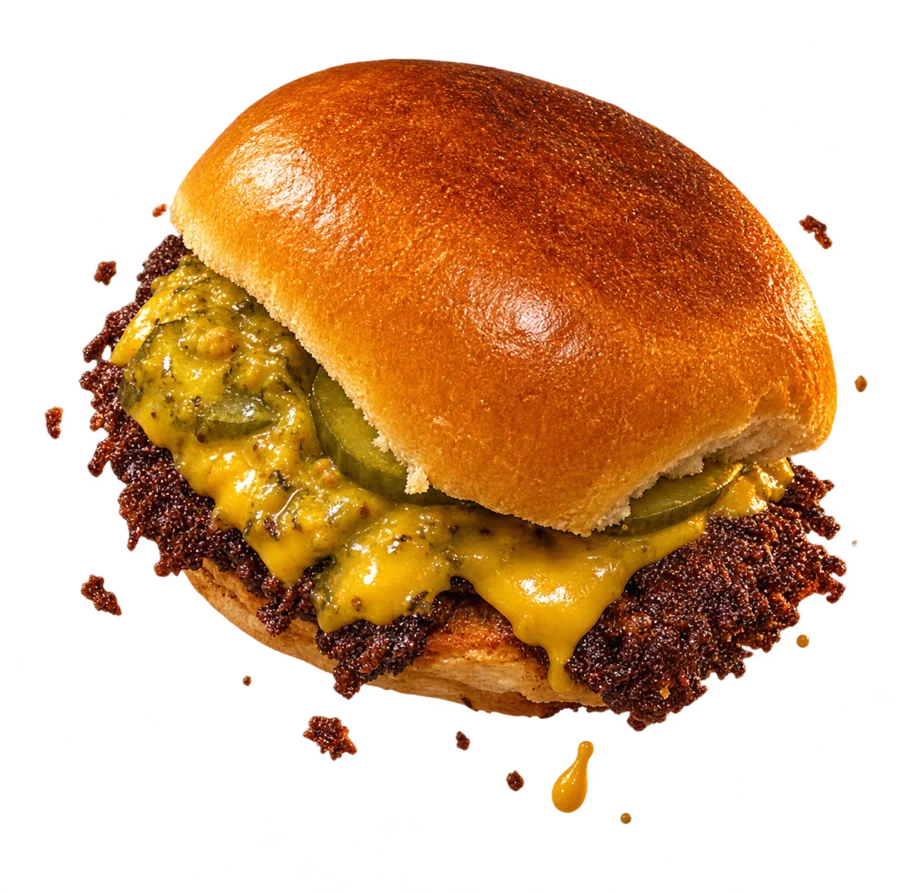 New John: smash con cheddar, pepinillos y relish